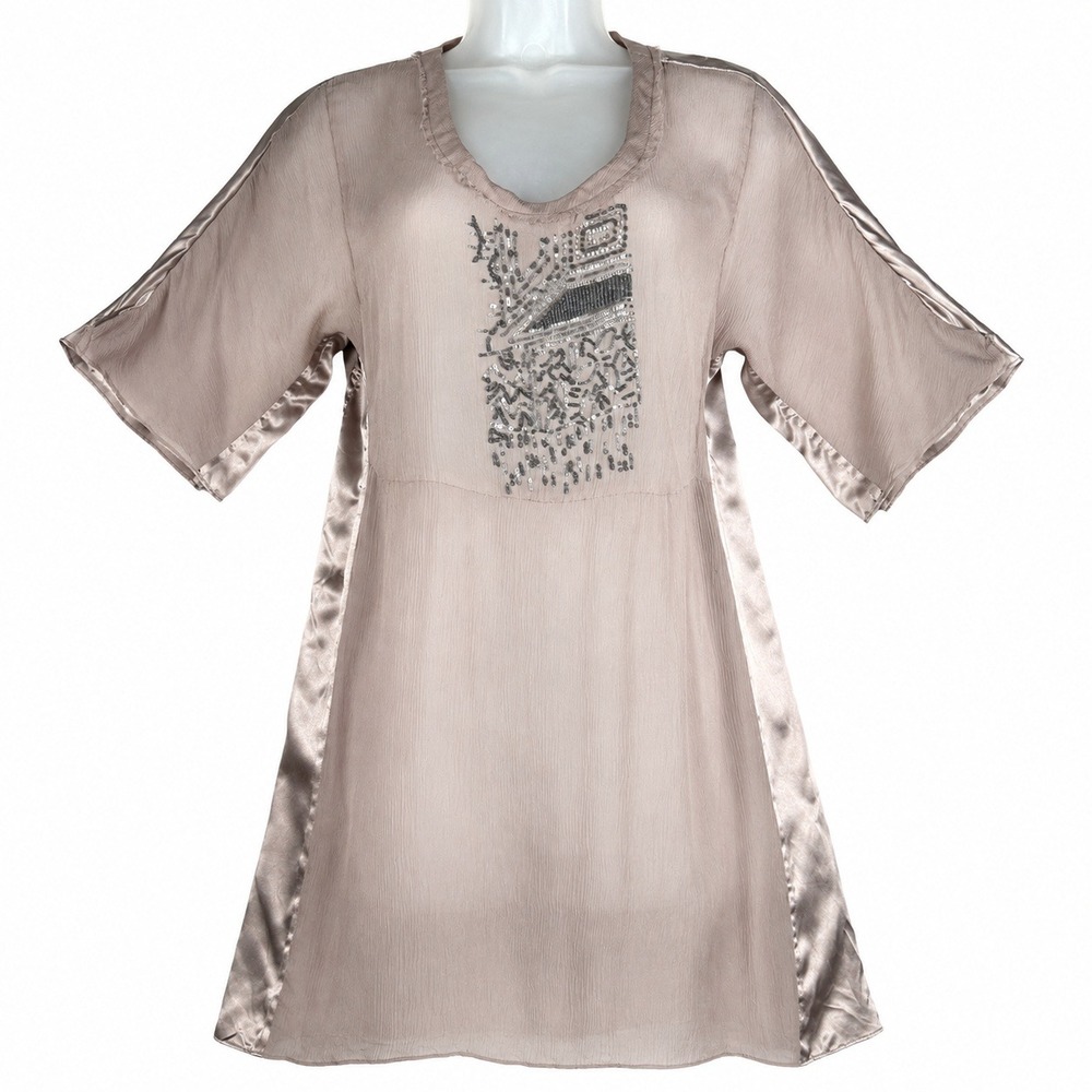 Banana Republic Heritage Silk Tunic Dress XS Taupe Beaded Sheer Bohemian FLAWED